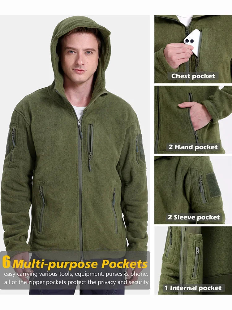 Men's Outdoor Fleece Tactical Jacket Winter Warm Full Zip Military Hoodies Multi-Pockets