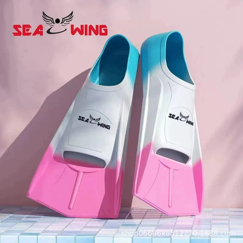 Swimming training with fins wrapped around the feet design