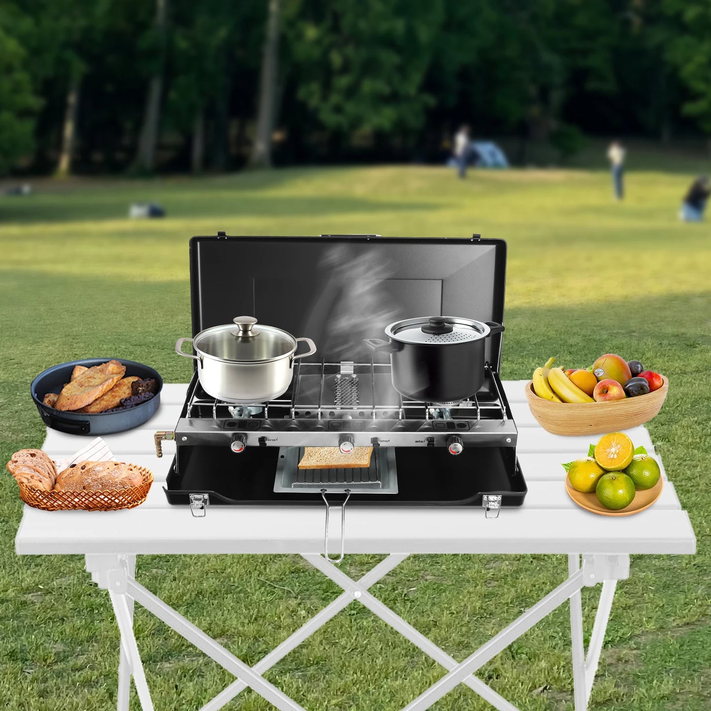 Camping Stove Gas 3 Separate Burner Windshield