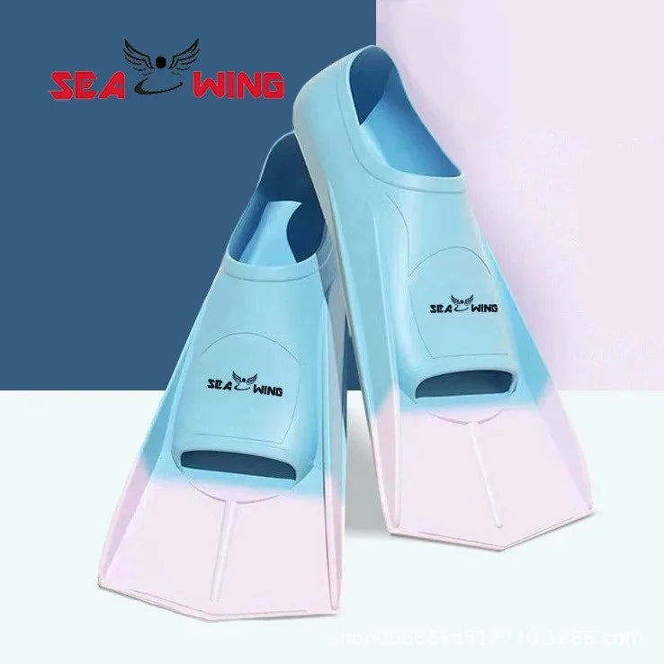 Swimming training with fins wrapped around the feet design