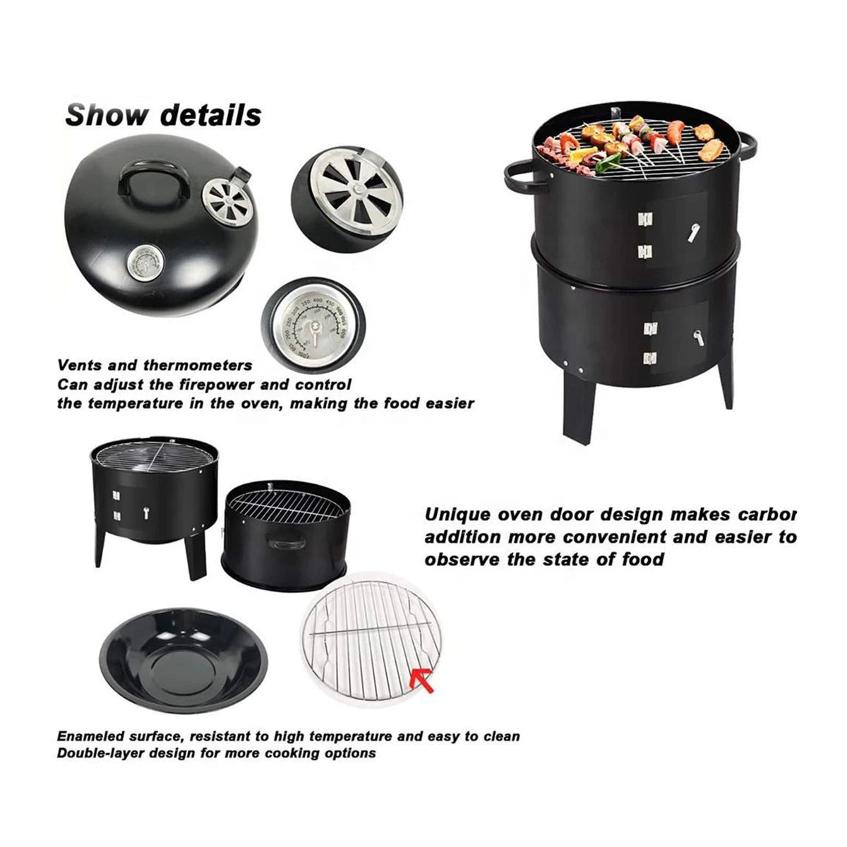 3-Tier Charcoal Smoker Grill,