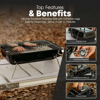 Portable Propane Gas Grill with Foldable Legs -
