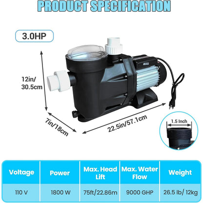 Swimming Pool Pump 3HP 110V 9000 GPH Single Speed with Strainer Filter Basket